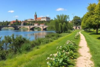 Duna-parti séta Ulm városában, történelmi látképpel és zöld rétekkel.