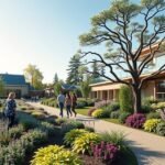 Ulm Botanikus Kert színes virágokkal és sétálókkal.