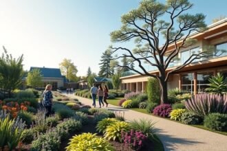 Ulm Botanikus Kert színes virágokkal és sétálókkal.