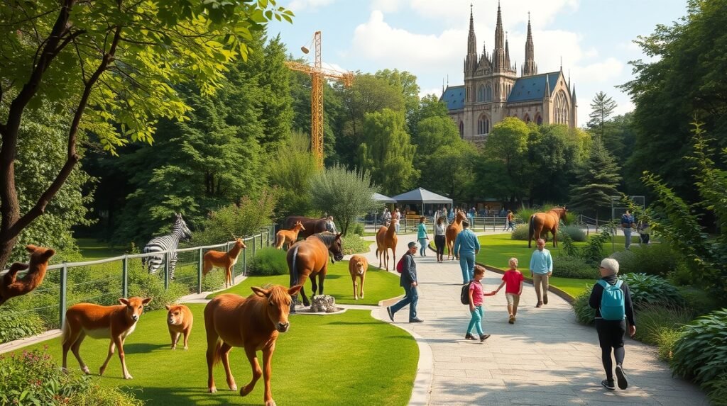 Gyerekek és család a Tiergarten Ulmban, állatokkal körülvéve.
