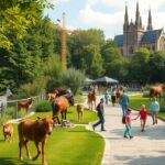 Gyerekek és család a Tiergarten Ulmban, állatokkal körülvéve.