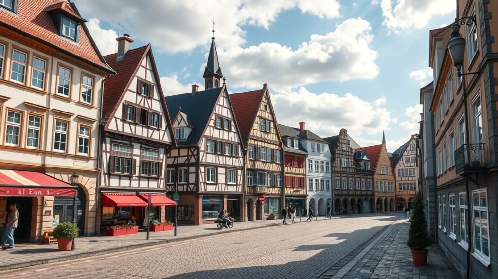 Ulm óvárosának hangulatos utcája történelmi házakkal.