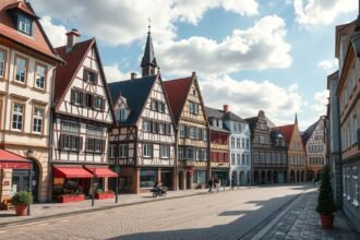 Ulm óvárosának hangulatos utcája történelmi házakkal.