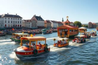 Bohókás csónakok a Duna hullámain a Nabada vízi karneválon Ulmban.