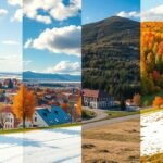 Ulm város panorámája különböző évszakokban, tavaszi, nyári, őszi és téli táj.