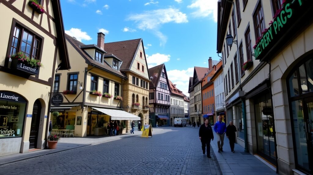 Zürich macskaköves utcái a Niederdorfban, hangulatos épületekkel.