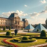 A Louvre múzeum és a Tuilériák kertje Párizsban, Franciaországban.