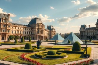 A Louvre múzeum és a Tuilériák kertje Párizsban, Franciaországban.