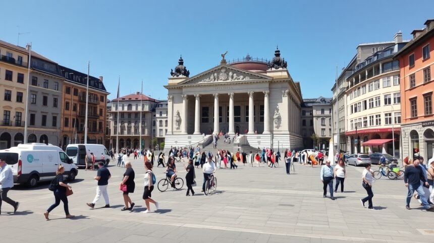 Sechseläutenplatz és a Zürich Operaház, élénk városi jelenet