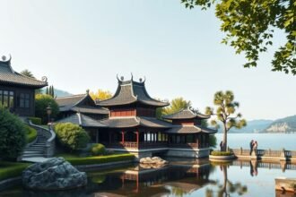 Zürich Kínai Kert pagodái a tóparton, békés környezet.