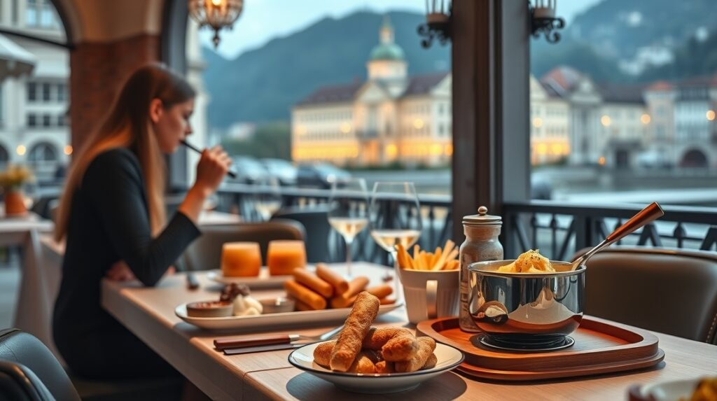 Elegáns étterem Zürichben, fondü és helyi ételek bemutatva.