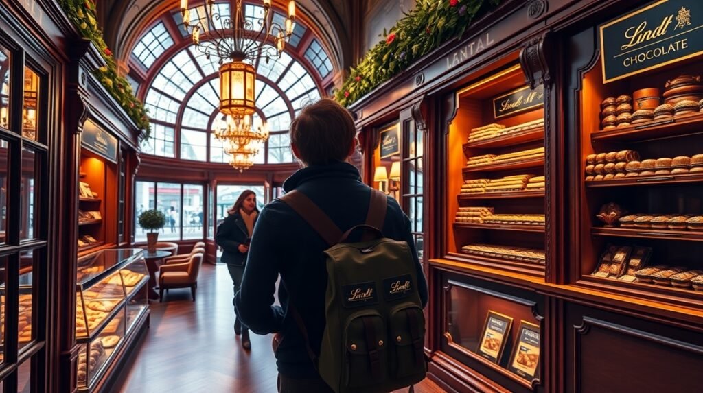 Látogatás a Lindt Csokoládé Otthonában Zürichben, édességek és csokoládék között.