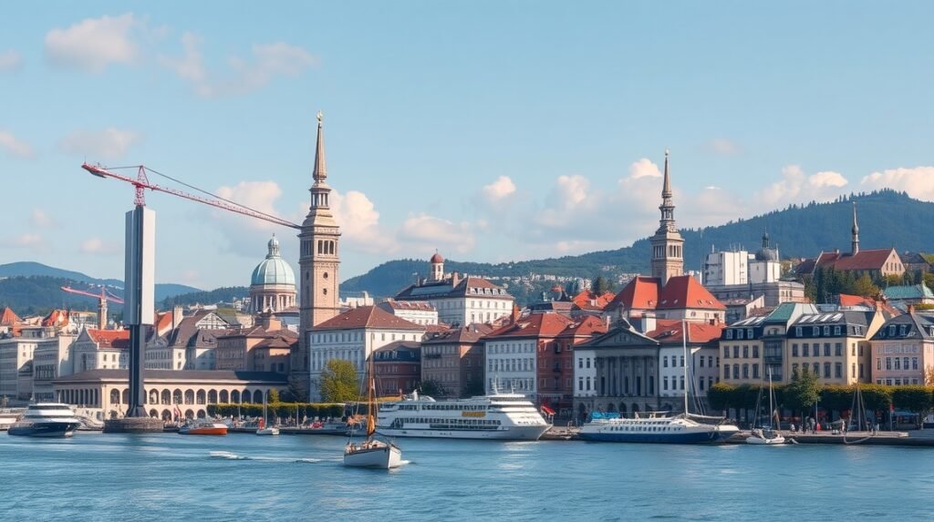 Zürich város panorámája a湖 közepén, épületek és hajók láthatók.