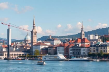 Zürich város panorámája a湖 közepén, épületek és hajók láthatók.