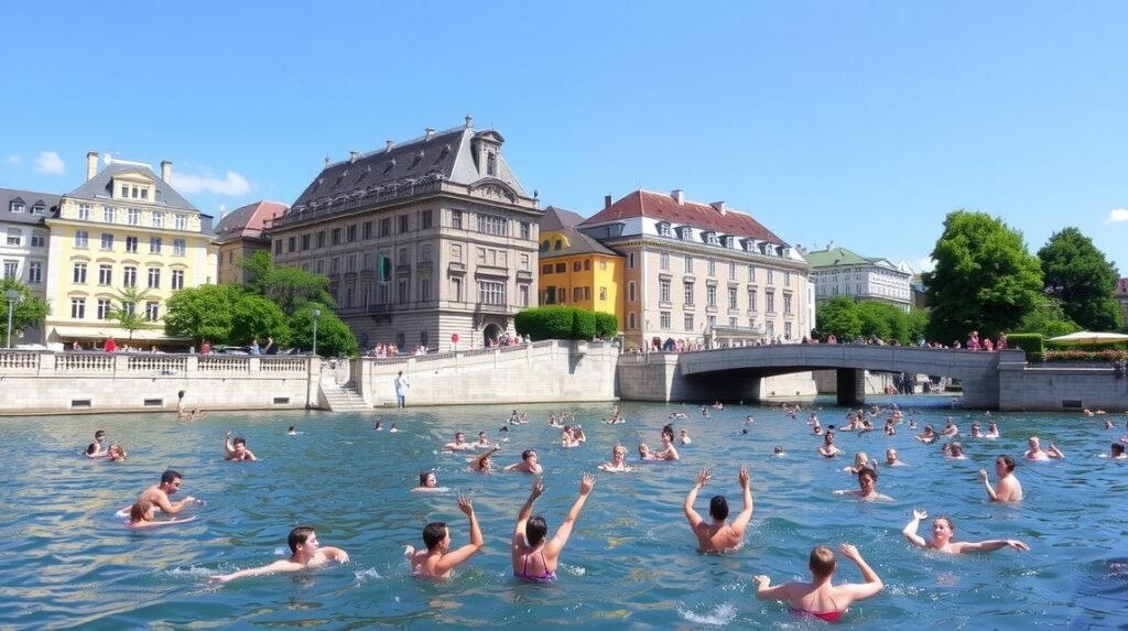 Úszók a Limmat folyóban Zürich belvárosában a nyári napsütésben.