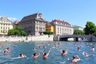 Úszók a Limmat folyóban Zürich belvárosában a nyári napsütésben.