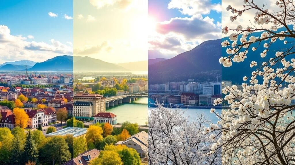 Zürich négy évszakának szépsége: tavaszi virágzás, nyári napfény, őszi színek, téli hulló hó.