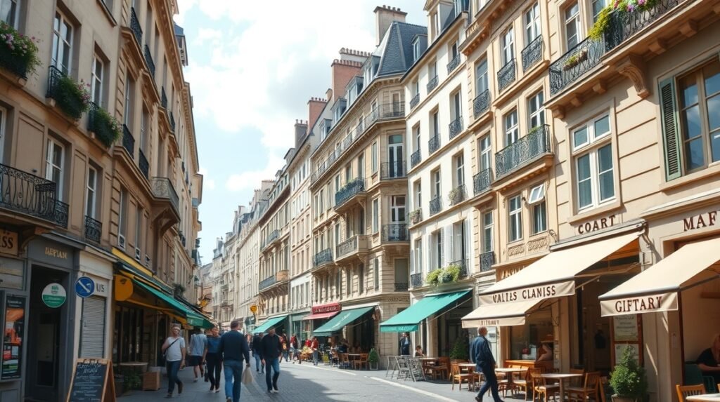 Keskeny utca Párizs Marais negyedében, kávézókkal és boltokkal.