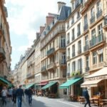 Keskeny utca Párizs Marais negyedében, kávézókkal és boltokkal.