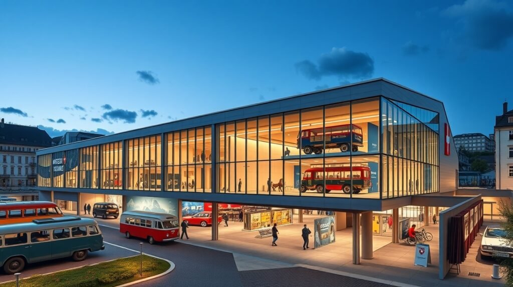 A Svájci Közlekedési Múzeum épülete világos estében, klasszikus autókkal.
