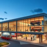 A Svájci Közlekedési Múzeum épülete világos estében, klasszikus autókkal.