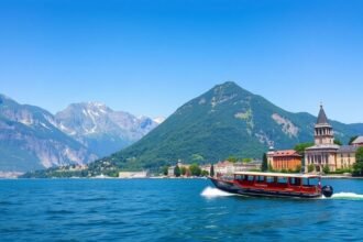 Hajó a Vierwaldstätti-tavon, Svájc, gyönyörű hegyek háttérben.