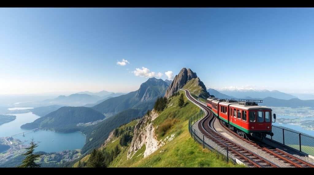 Fogaskerekű vonat a Rigi-hegyen, lélegzetelállító svájci tájjal.