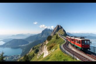 Fogaskerekű vonat a Rigi-hegyen, lélegzetelállító svájci tájjal.