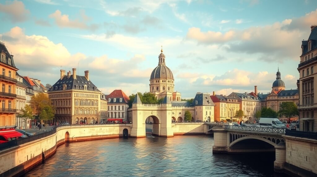 Szent Lajos szigete Párizsban, barokk épületek és Szajna partja.