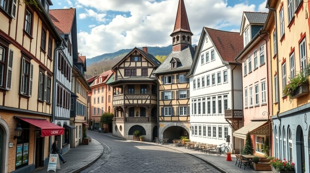 Festett házak Luzern óvárosában, macskaköves utcák között