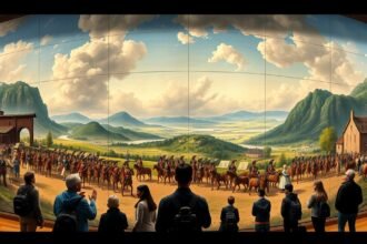 Látogatók a Bourbaki Panoráma 360°-os körkép előtt Luzernben.