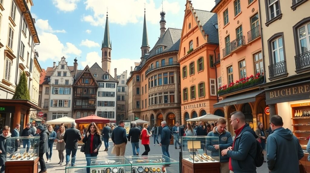 Luzern városközpontja a Bucherer téren, svájci órák és bicskák