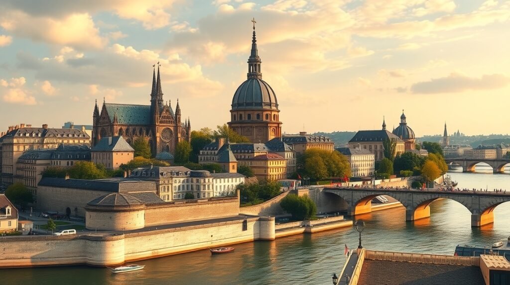 Az Île de la Cité lenyűgöző panorámája Párizsban, a Seine folyó partján.