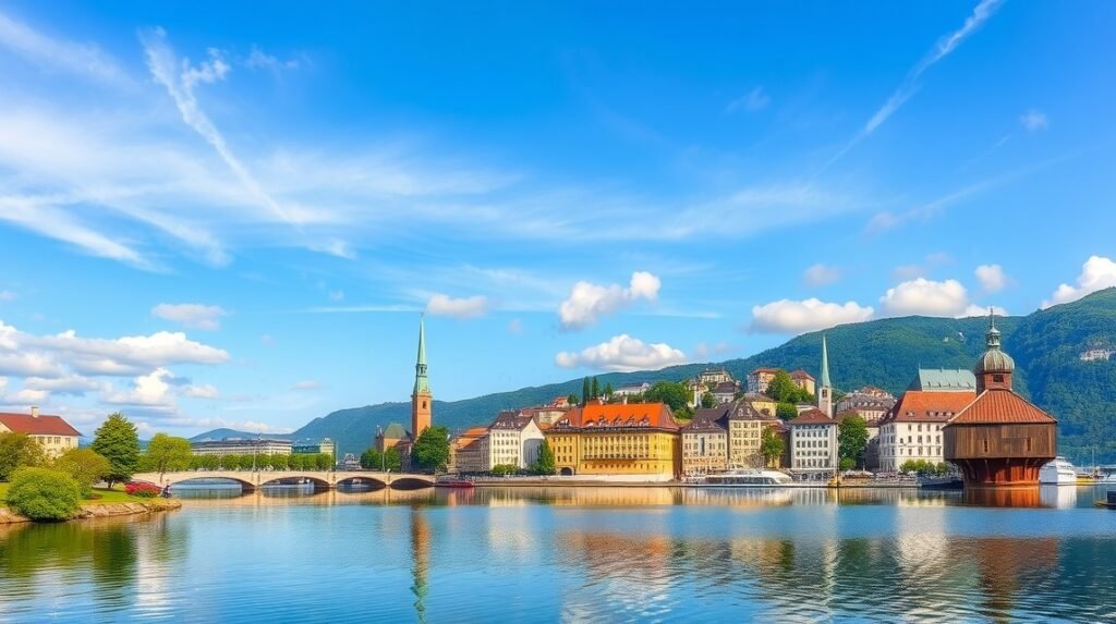 Luzern város panorámája a tóparton, gyönyörű időjárással.