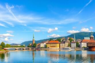 Luzern város panorámája a tóparton, gyönyörű időjárással.