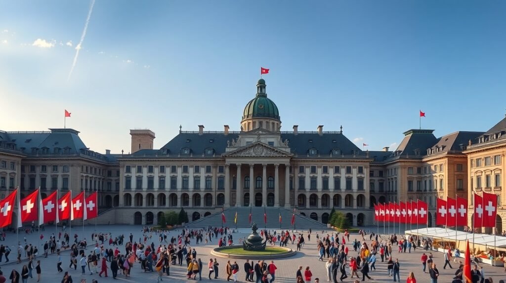 A Szövetségi Palota (Bundeshaus) Bernben, Svájcban, lenyűgöző panorámával.