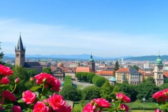 Kilátás Bern városára a Rózsakertből, virágokkal az előtérben.