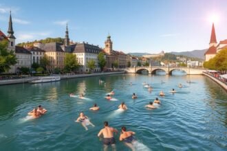 Fürdőzők az Aare folyóban Bern szívében, középkori épületek mellett.