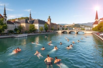 Fürdőzők az Aare folyóban Bern szívében, középkori épületek mellett.