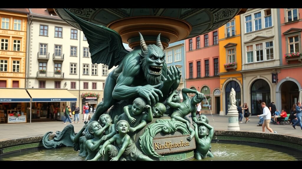 Kindlifresserbrunnen kút Bernben, horror figura gyerekekkel.