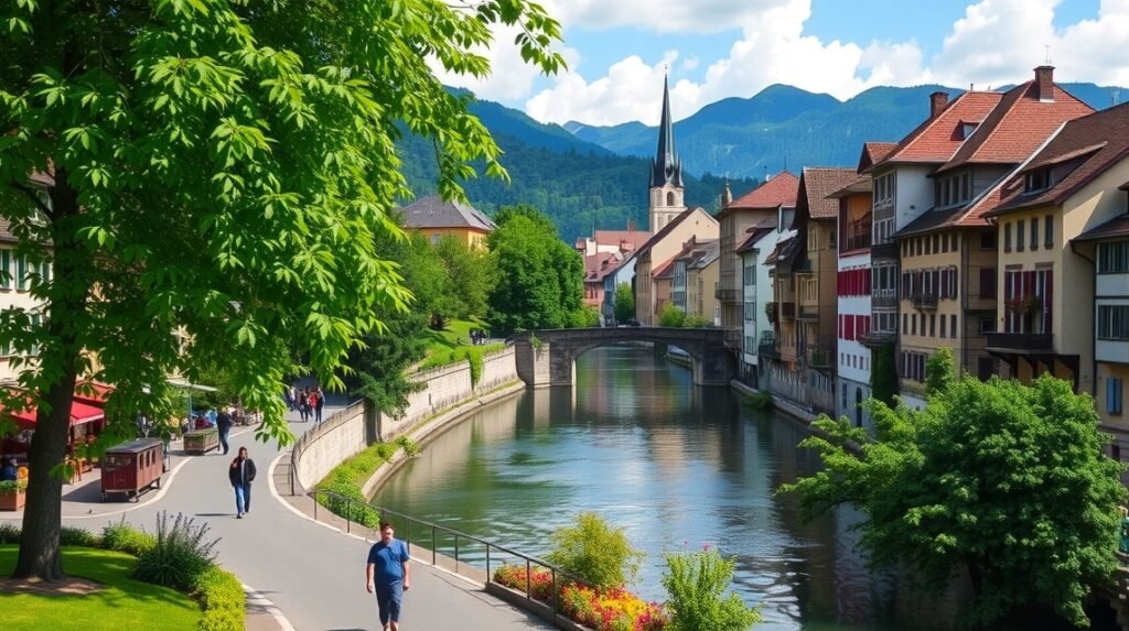 Bern városképe a nyugodt Aare folyó mentén