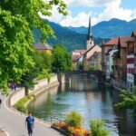 Bern városképe a nyugodt Aare folyó mentén