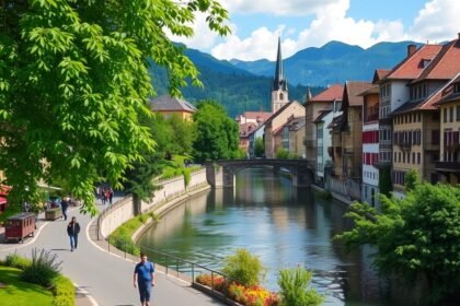 Bern városképe a nyugodt Aare folyó mentén