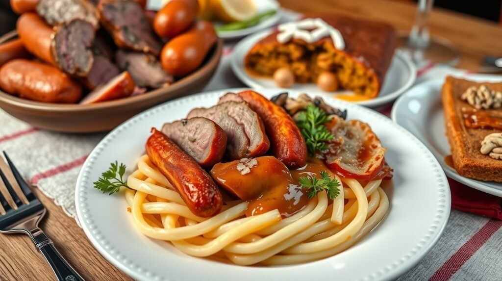 Berner Platte füstölt húsokkal, káposztával és babbal tálalva.