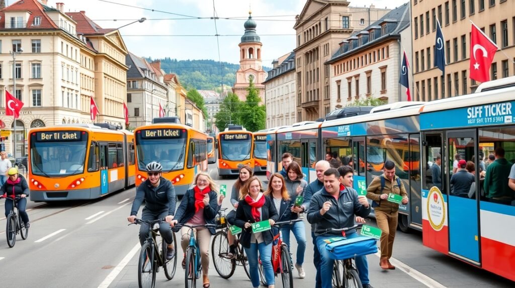 Két villamos és kerékpárosok Bern városának közlekedésében