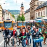 Két villamos és kerékpárosok Bern városának közlekedésében