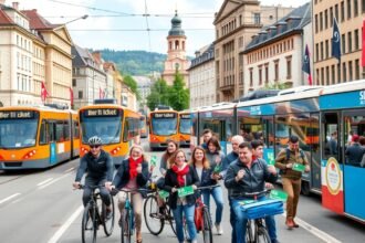 Két villamos és kerékpárosok Bern városának közlekedésében