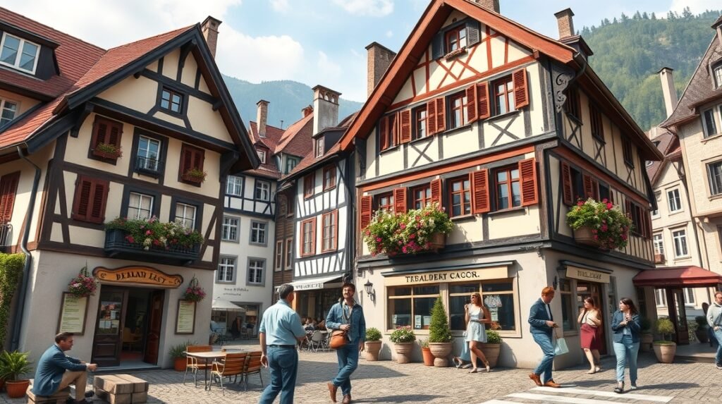 A Bern városában található hagyományos épületek és helyi kávézó