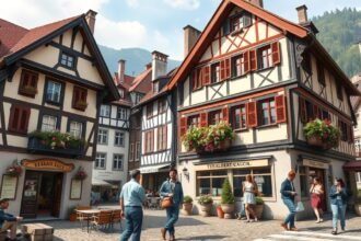 A Bern városában található hagyományos épületek és helyi kávézó