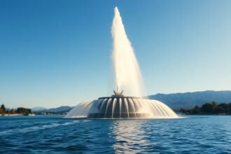 Jet d'Eau szökőkút Genf városában, háttérben a hegyekkel.
